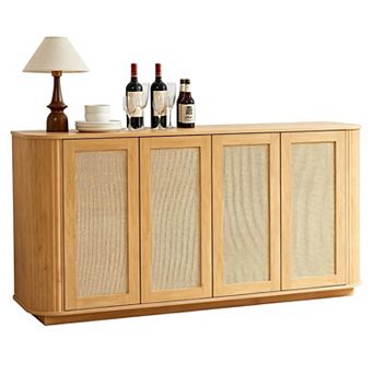 Wave Shaped Tv Stand With Rattan Doors, Rounded Corner Cabinet For Entryway Space