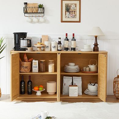 Wave Shaped Tv Stand With Rattan Doors, Rounded Corner Cabinet For Entryway Space