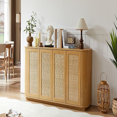 Wave Shaped Tv Stand With Rattan Doors, Rounded Corner Cabinet For Entryway Space