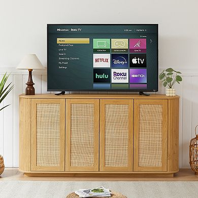 Wave Shaped Tv Stand With Rattan Doors, Rounded Corner Cabinet For Entryway Space