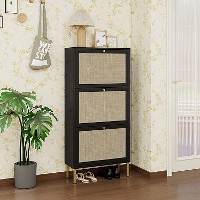 Three Door Rattan Shoe Rack Freestanding Storage Cabinet for Entryway