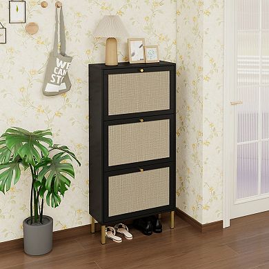 Three Door Rattan Shoe Rack Freestanding Storage Cabinet for Entryway