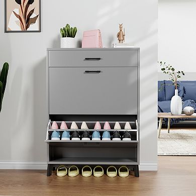 Two Drawer Flip Shoe Cabinet Hidden Storage Organizer for Doorway and Closet