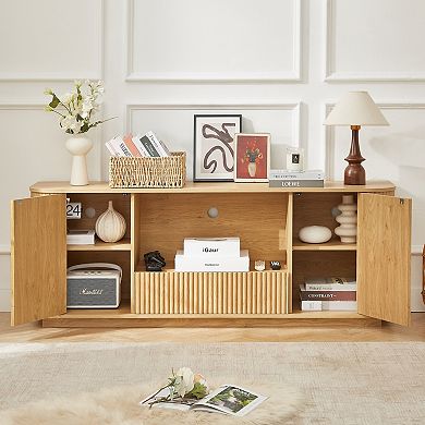 Wavy Tv Stand With Vertical Stripes, Rounded Corner Storage Cabinet For Living Room