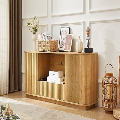 Wavy Tv Stand With Vertical Stripes, Rounded Corner Storage Cabinet For Living Room