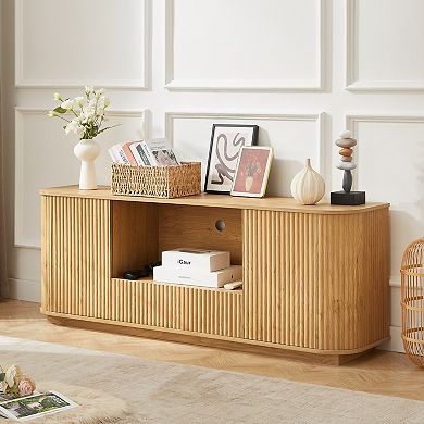 Wavy Tv Stand With Vertical Stripes, Rounded Corner Storage Cabinet For Living Room