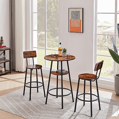 Round Bar Stool Set With Storage Shelves, Rustic Seating For Home Bar And Kitchen