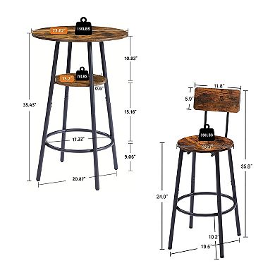 Round Bar Stool Set With Storage Shelves, Rustic Seating For Home Bar And Kitchen