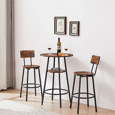 Round Bar Stool Set With Storage Shelves, Rustic Seating For Home Bar And Kitchen