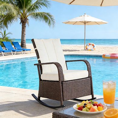 Rattan Rocking Recliner with Adjustable Backrest and Soft Cushions for Patio