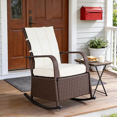 Rattan Rocking Recliner with Adjustable Backrest and Soft Cushions for Patio