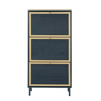 Three Door Metal Shoe Rack with Rattan Detail Freestanding Cabinet for Entryway