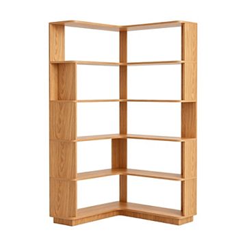 Space Saving Corner Bookcase with Slotted Shelving and Sturdy Wood for Apartment Living