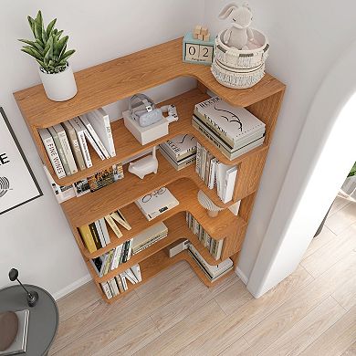 Space Saving Corner Bookcase with Slotted Shelving and Sturdy Wood for Apartment Living