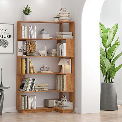 Space Saving Corner Bookcase with Slotted Shelving and Sturdy Wood for Apartment Living