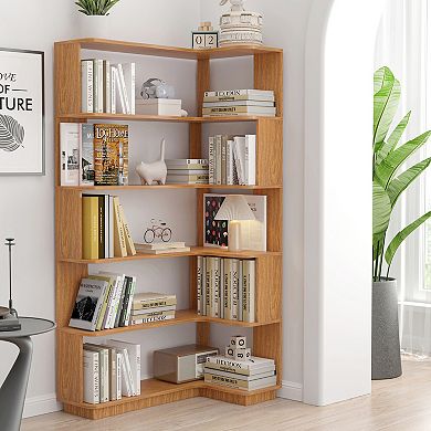Space Saving Corner Bookcase with Slotted Shelving and Sturdy Wood for Apartment Living