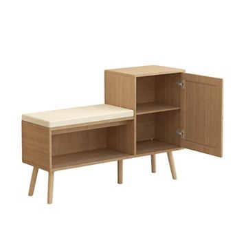 Rattan Shoe Storage Bench with Removable Cushion Adjustable Shelves for Hallway
