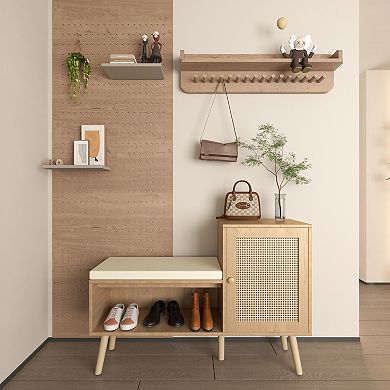 Rattan Shoe Storage Bench with Removable Cushion Adjustable Shelves for Hallway