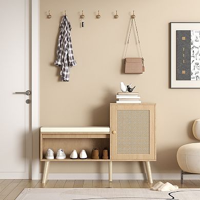 Rattan Shoe Storage Bench with Removable Cushion Adjustable Shelves for Hallway