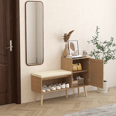Rattan Shoe Storage Bench with Removable Cushion Adjustable Shelves for Hallway