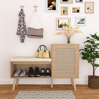 Rattan Shoe Storage Bench with Removable Cushion Adjustable Shelves for Hallway