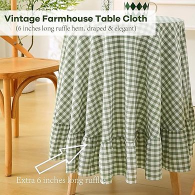 White Cotton Gingham Round Tablecloth Ruffled Farmhouse Cover