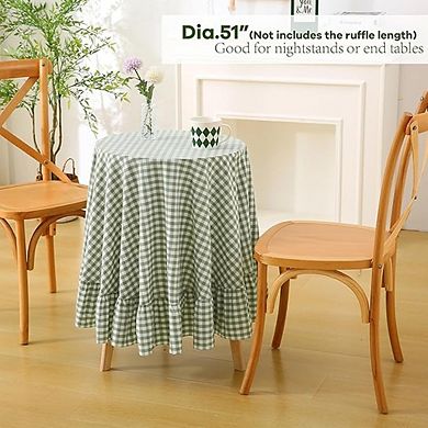 White Cotton Gingham Round Tablecloth Ruffled Farmhouse Cover