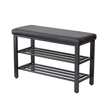 Three Tier Shoe Bench with Padded Cushion Metal Mesh Shelves for Entryway