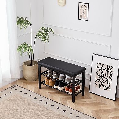 Three Tier Shoe Bench with Padded Cushion Metal Mesh Shelves for Entryway