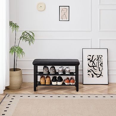 Three Tier Shoe Bench with Padded Cushion Metal Mesh Shelves for Entryway