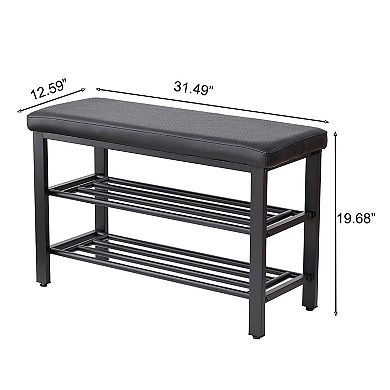 Three Tier Shoe Bench with Padded Cushion Metal Mesh Shelves for Entryway