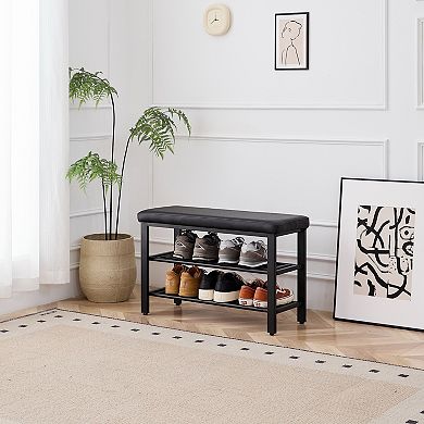 Three Tier Shoe Bench with Padded Cushion Metal Mesh Shelves for Entryway