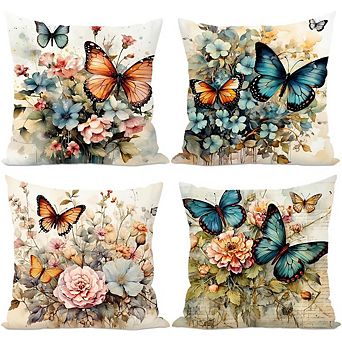 Vintage Butterfly Throw Pillow Covers Set, Floral Art Decorative Cushion Cases