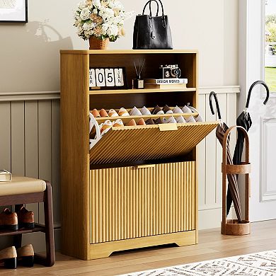 Two Drawer Flip Shoe Cabinet Hidden Storage Organizer for Foyer and Hallway