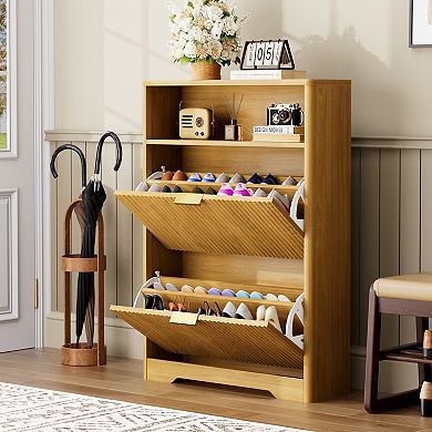 Two Drawer Flip Shoe Cabinet Hidden Storage Organizer for Foyer and Hallway