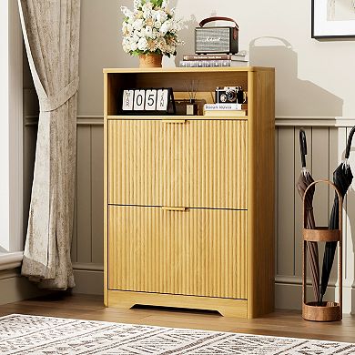 Two Drawer Flip Shoe Cabinet Hidden Storage Organizer for Foyer and Hallway