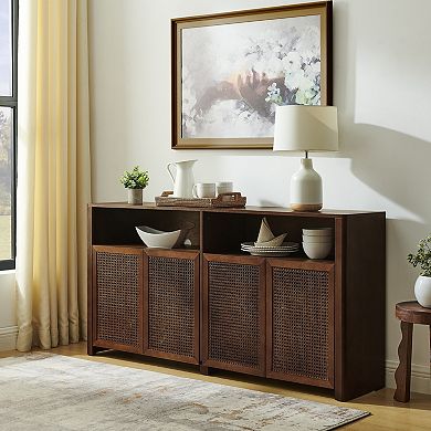 Sideboard Cabinet With Storage Space Rattan Wooden Construction For Living Room Entryway Kitchen