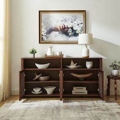 Sideboard Cabinet With Storage Space Rattan Wooden Construction For Living Room Entryway Kitchen