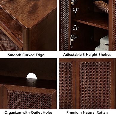 Sideboard Cabinet With Storage Space Rattan Wooden Construction For Living Room Entryway Kitchen