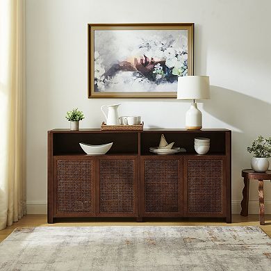 Sideboard Cabinet With Storage Space Rattan Wooden Construction For Living Room Entryway Kitchen
