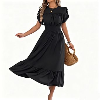 Women's Casual Short Sleeve Long Dress, Ruffle Trim Smocked Waist Relaxed Tiered Midi Dress
