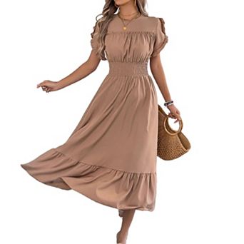 Women's Casual Short Sleeve Long Dress, Ruffle Trim Smocked Waist Relaxed Tiered Midi Dress