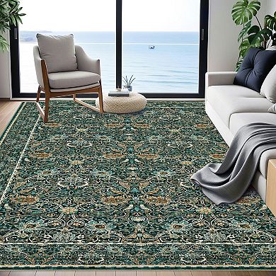 Vintage Floral Washable Area Rugs, Soft Boho Forest Botanical Flower Carpet Thin Non Slip Low Pile
