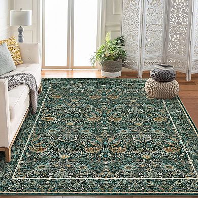 Vintage Floral Washable Area Rugs, Soft Boho Forest Botanical Flower Carpet Thin Non Slip Low Pile