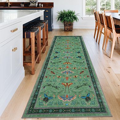 Washable Insect Area Rugs, Butterfly Botanical Boho Non Slip Stain-Resistant Runners Carpet