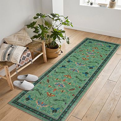 Washable Insect Area Rugs, Butterfly Botanical Boho Non Slip Stain-Resistant Runners Carpet