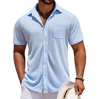 Men's Waffle Knit Short Sleeve Shirt, Chest Pocket Casual Blouse