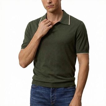 Men's Knit Short Sleeve Polo Shirt, Tipped Collar Casual Top