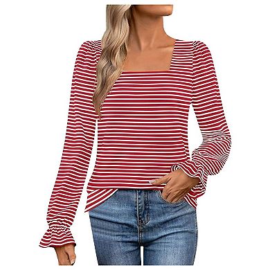 Women's Square Neck Striped Long Sleeve Top with Ruffle Cuffs