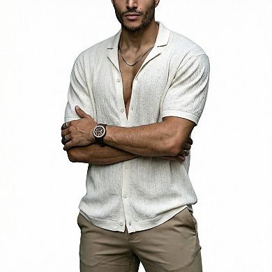 Men's Knit Short Sleeve Button Down Shirt, Camp Collar Textured Blouse
